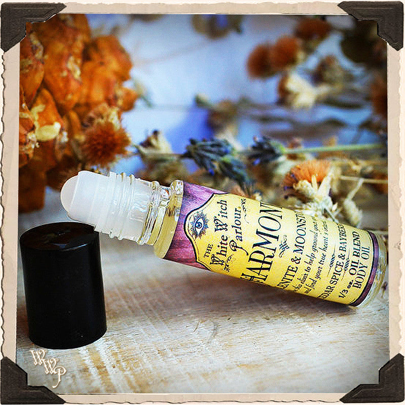 WhiteWitchParlour.com HARMONY Elixir BODY OIL Rollon. Scent of Cedar, Spice & Bayberry. Blessed by Selenite ,Moonstone Crystals. aromatherapy, perfume, oils