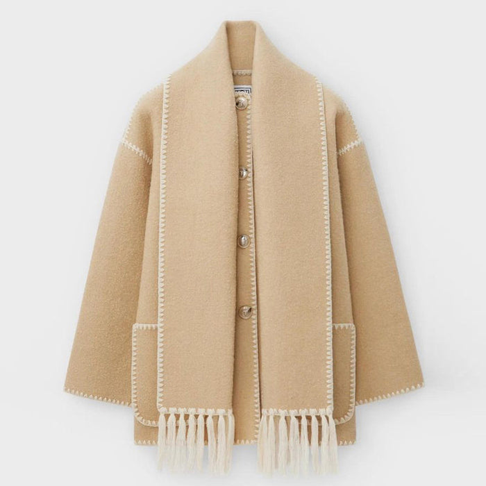 Winter Airy Commuter Embroidered White Edge Fringe Scarf High Quality Wool Jacket For Women