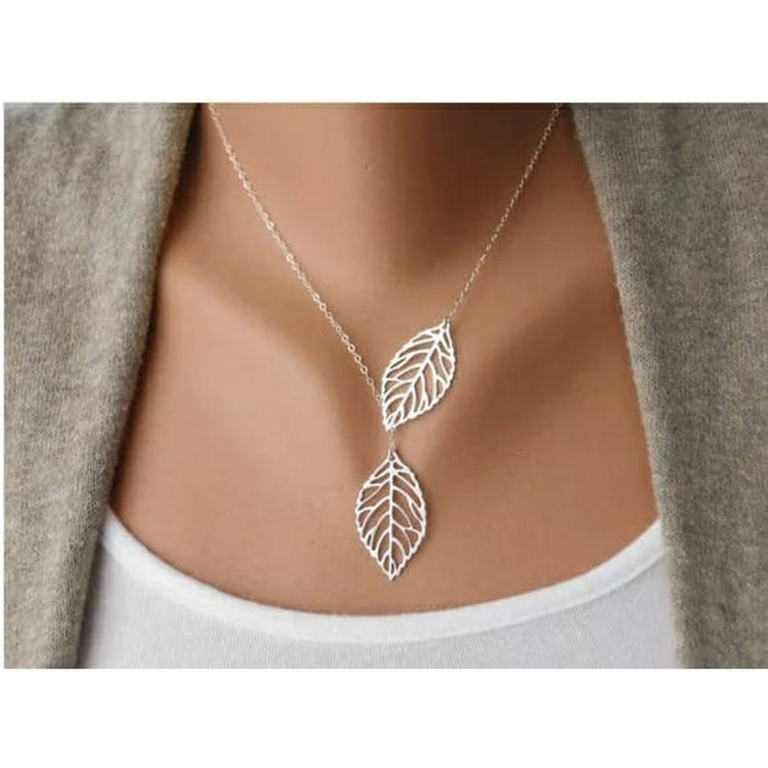 Gold Silver Twin Filigree Leaf Y shape Lariat Adjustable Necklace