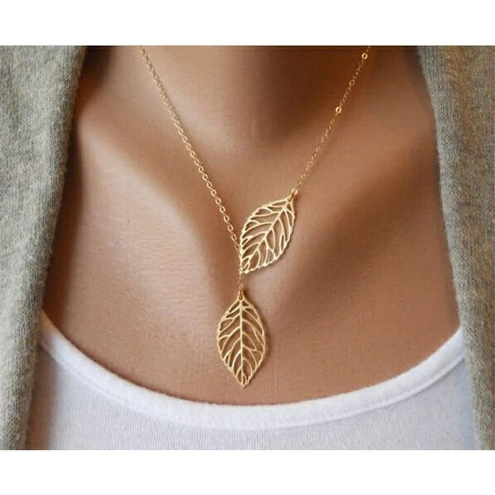 Gold Silver Twin Filigree Leaf Y shape Lariat Adjustable Necklace