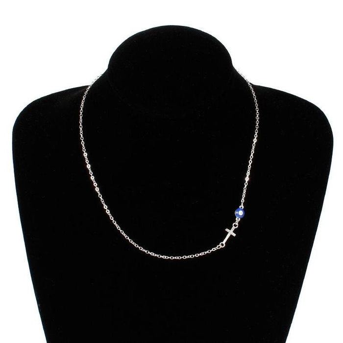 Blue Evil Eye Sideways Cross Christian Charm Minimalist Choker Dainty Necklace