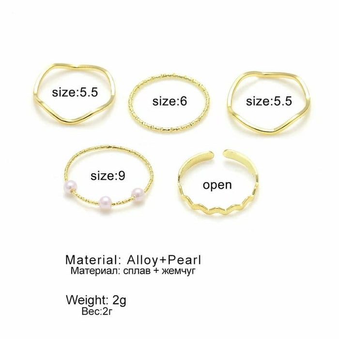 5 Piece Slim Silver Gold Stackable Midi Pearl Bohemian Beach Ring Set