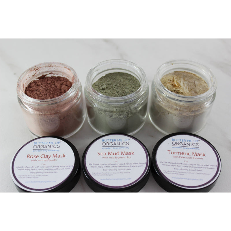 Butter Me Up Organics Clay Face Mask Trio Rose Clay French Green Clay Kaolin Clay Turmeric Kelp Calendula Face
