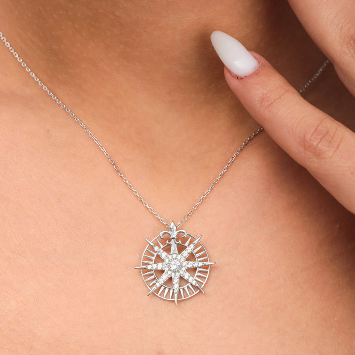 North Necklace Women, Sterling Silver Dainty Necklace, Crystal Compass Necklace, Compass Jewelry