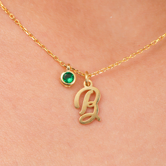 Tiny Initial Birthstone Necklace, Mother Days Gift, Letter And Birthstone Necklace