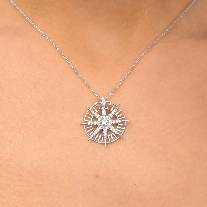 North Necklace Women, Sterling Silver Dainty Necklace, Crystal Compass Necklace, Compass Jewelry