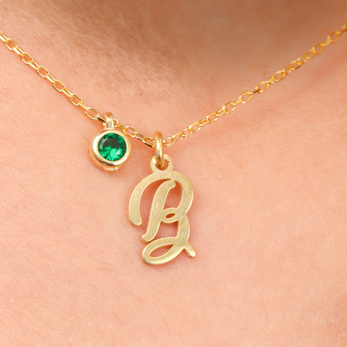 Tiny Initial Birthstone Necklace, Mother Days Gift, Letter And Birthstone Necklace