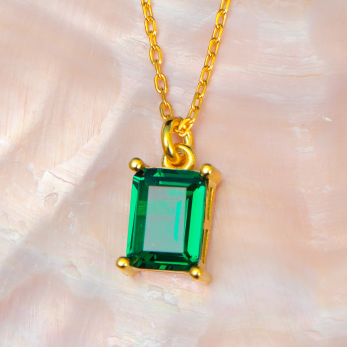 Rectangle Silver Small Necklace Beaded Green Emerald Tiny Rectangle Baguette Necklace Emerald Pendant Gift For Her