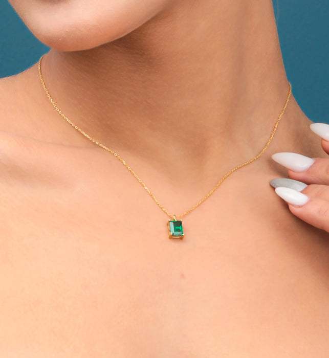 Rectangle Silver Small Necklace Beaded Green Emerald Tiny Rectangle Baguette Necklace Emerald Pendant Gift For Her