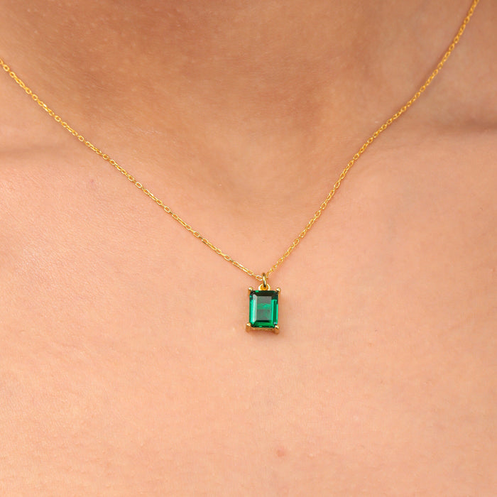 Rectangle Silver Small Necklace Beaded Green Emerald Tiny Rectangle Baguette Necklace Emerald Pendant Gift For Her