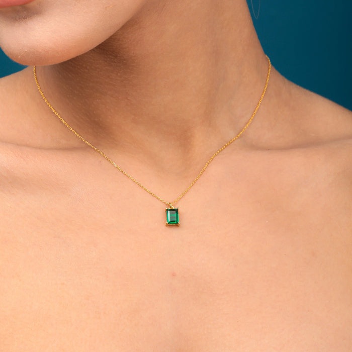 Rectangle Silver Small Necklace Beaded Green Emerald Tiny Rectangle Baguette Necklace Emerald Pendant Gift For Her