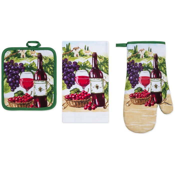 Shopbobbys Premius 3 Piece Printed Kitchen Linen Set, 1 Cotton Towel, 1 Pot Holder, 1 Oven Mitt