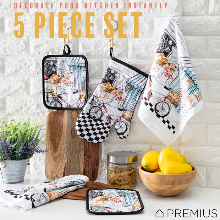 Shopbobbys Premius 5 Piece Printed Kitchen Linen Set, 2 Cotton Towels, 2 Pot Holders, 1 Oven Mitt