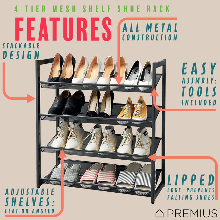 PREMIUS 4 Layer Mesh Shelf Shoe Rack, Black, 29x12x16.5 Inches