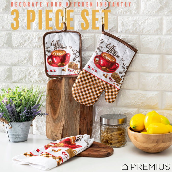 Shopbobbys Premius 3 Piece Printed Kitchen Linen Set, 1 Cotton Towel, 1 Pot Holder, 1 Oven Mitt