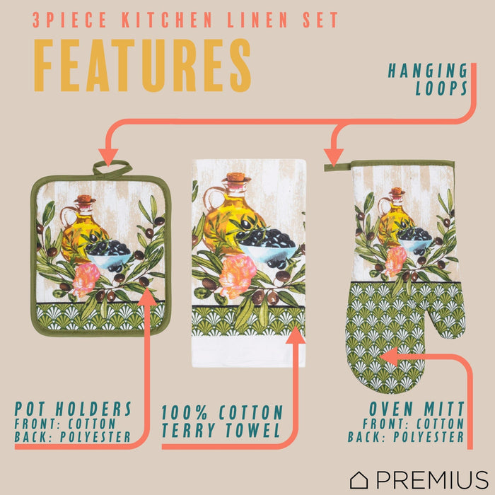 Shopbobbys Premius 3 Piece Printed Kitchen Linen Set, 1 Cotton Towel, 1 Pot Holder, 1 Oven Mitt