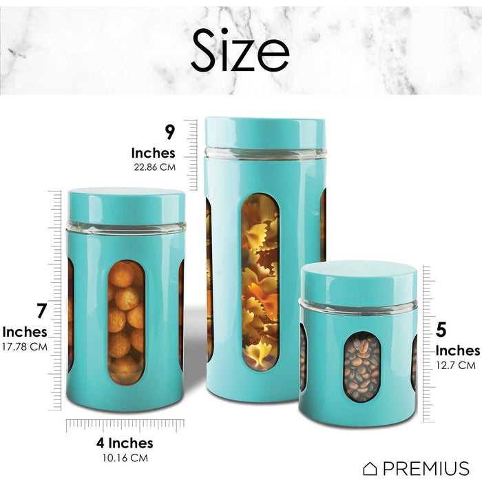 Shopbobbys Premius Airtight 3-Piece Kitchen Glass Canister Set, Turquoise Blue