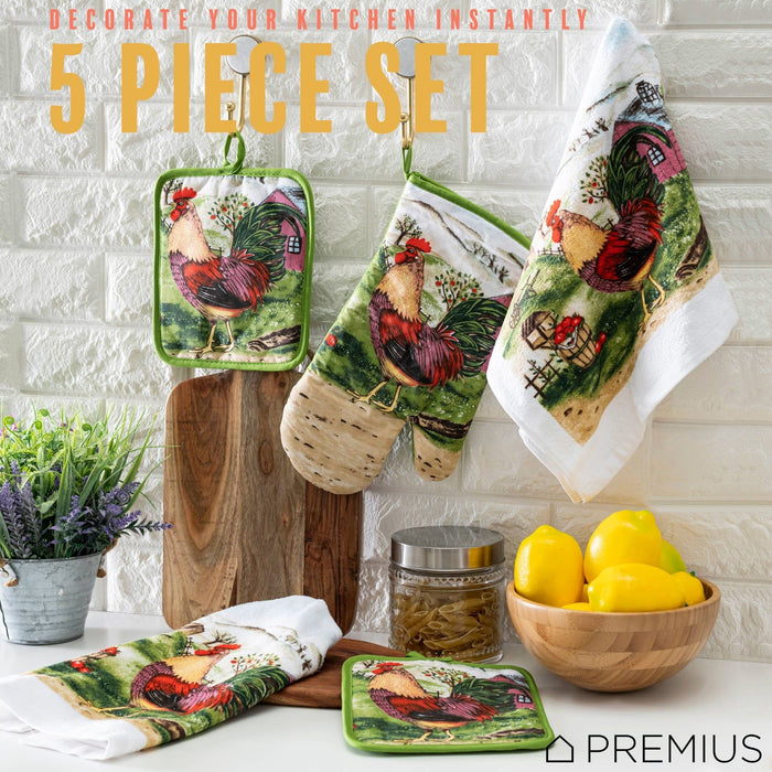 Shopbobbys Premius 5 Piece Printed Kitchen Linen Set, 2 Cotton Towels, 2 Pot Holders, 1 Oven Mitt