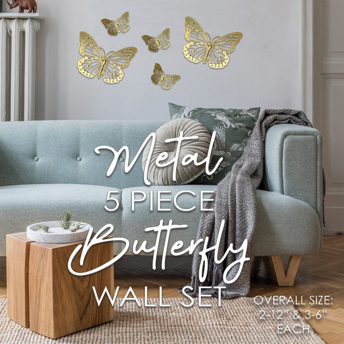 Shopbobbys Premius 5 Piece Metal Butterfly Wall Decor Set, Gold, (3) 6 Inches, (2) 12 Inches