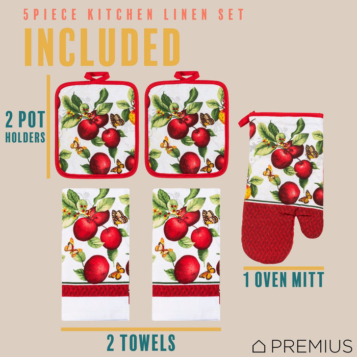 Shopbobbys Premius 5 Piece Printed Kitchen Linen Set, 2 Cotton Towels, 2 Pot Holders, 1 Oven Mitt