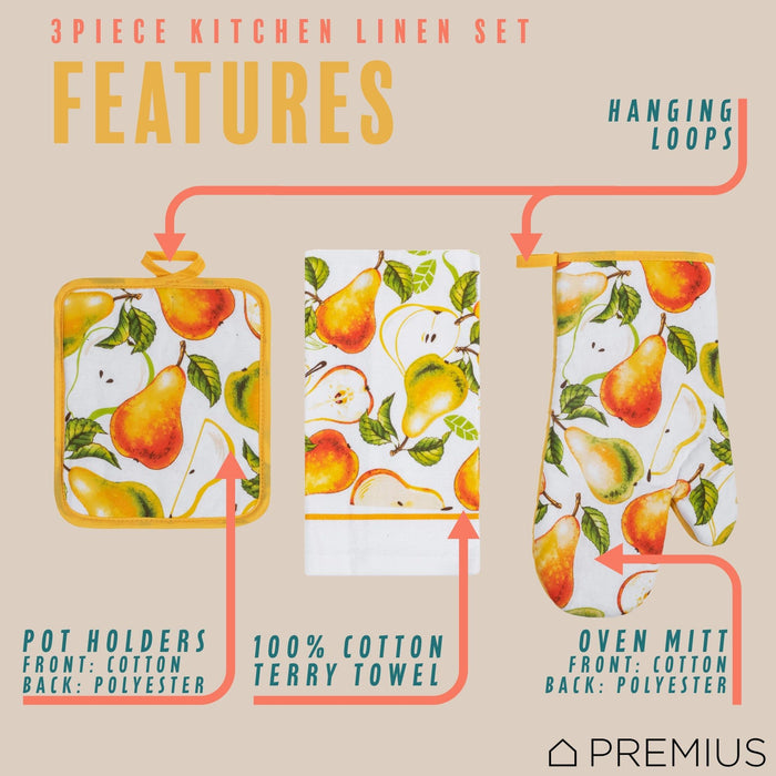 Shopbobbys Premius 3 Piece Printed Kitchen Linen Set, 1 Cotton Towel, 1 Pot Holder, 1 Oven Mitt