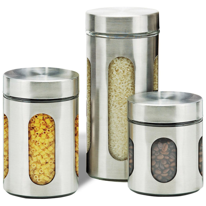 Shopbobbys Premius Airtight 3-Piece Kitchen Glass Canister Set, Stainless Steel Silver