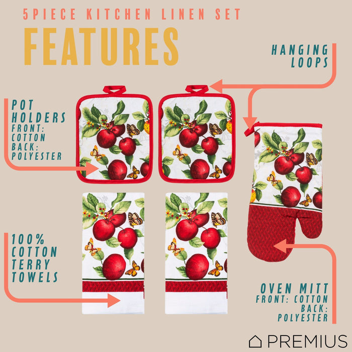 Shopbobbys Premius 5 Piece Printed Kitchen Linen Set, 2 Cotton Towels, 2 Pot Holders, 1 Oven Mitt