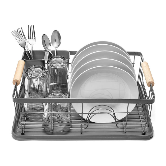 Shopbobbys Premius 3 Piece Dish Rack With Bamboo Handles, Grey, 16.9X12.6X4.3 Inches