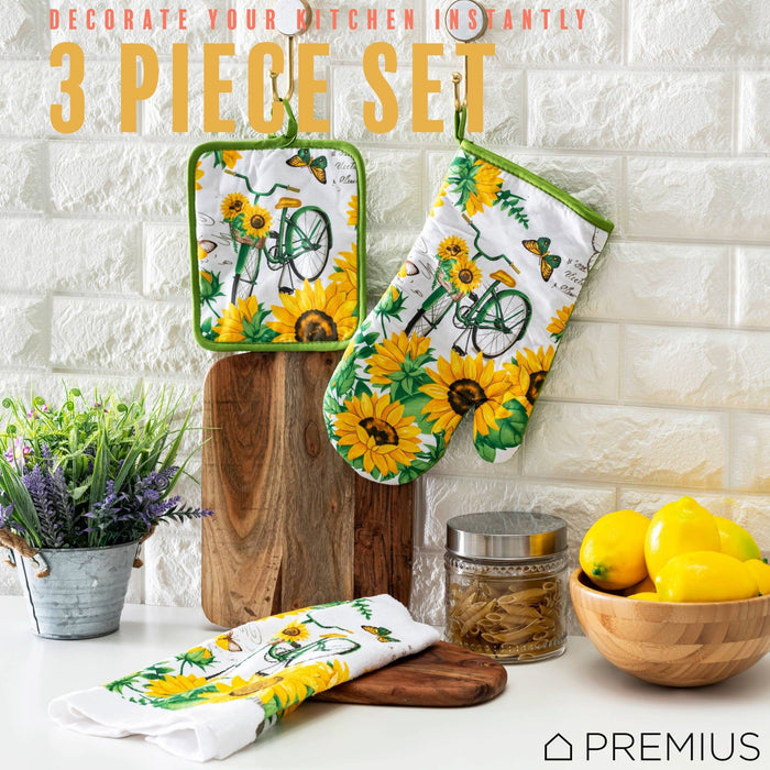 Shopbobbys Premius 3 Piece Printed Kitchen Linen Set, 1 Cotton Towel, 1 Pot Holder, 1 Oven Mitt