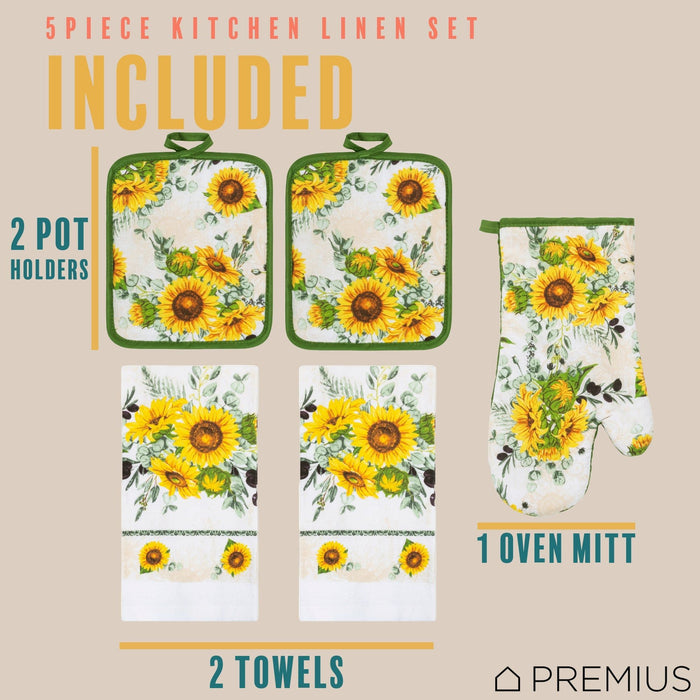 Shopbobbys Premius 5 Piece Printed Kitchen Linen Set, 2 Cotton Towels, 2 Pot Holders, 1 Oven Mitt