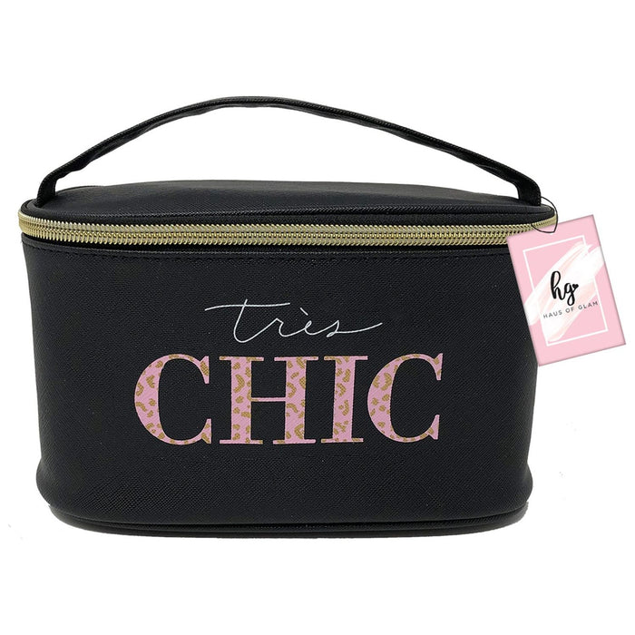 Shopbobbys Premius Cosmetic Bag With Top Handle & Gold Metal Zipper, Black Tres Chic, 10X7X6 Inches