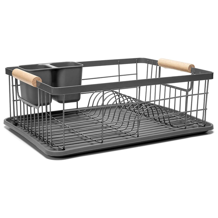 Shopbobbys Premius 3 Piece Dish Rack With Bamboo Handles, Grey, 16.9X12.6X4.3 Inches