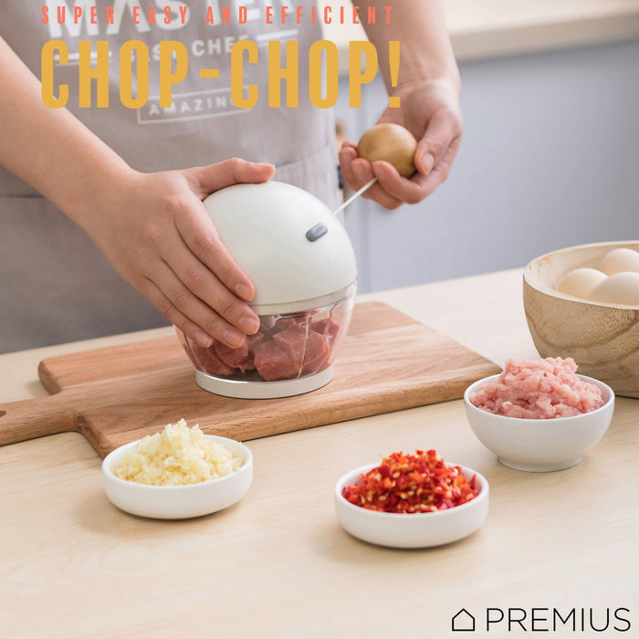 Shopbobbys Premius Manual Pull Hand Food Chopper, With Wood Ball, White-Natural, 1.5 Cups