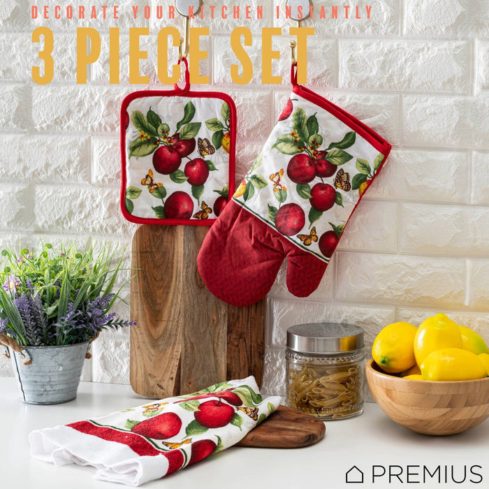 Shopbobbys Premius 3 Piece Printed Kitchen Linen Set, 1 Cotton Towel, 1 Pot Holder, 1 Oven Mitt