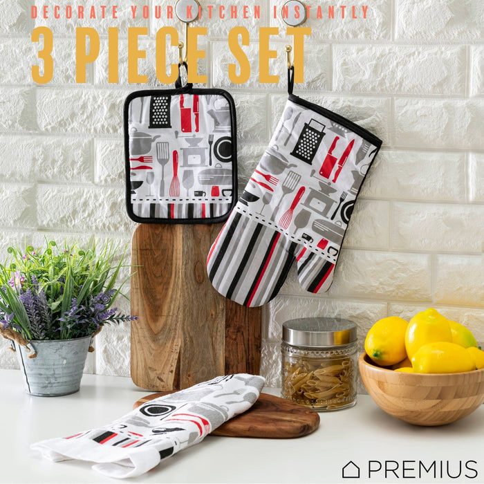 Shopbobbys Premius 3 Piece Printed Kitchen Linen Set, 1 Cotton Towel, 1 Pot Holder, 1 Oven Mitt