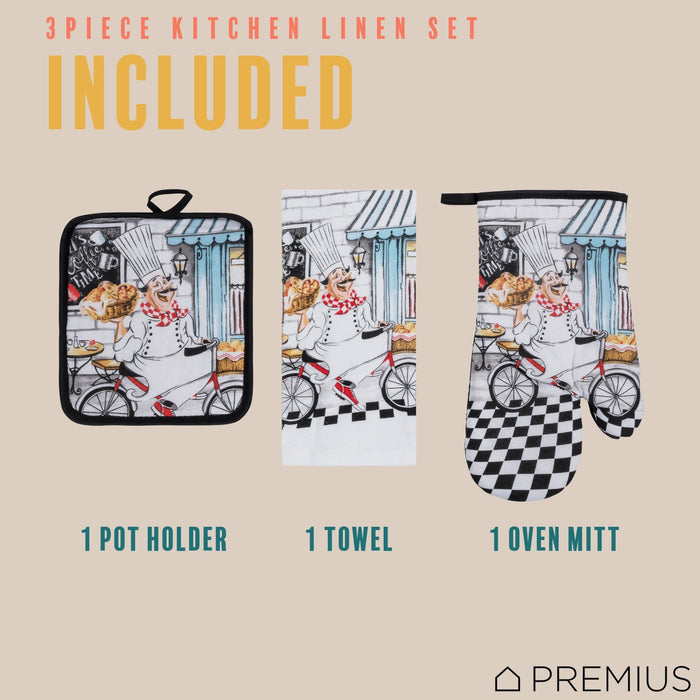 Shopbobbys Premius 3 Piece Printed Kitchen Linen Set, 1 Cotton Towel, 1 Pot Holder, 1 Oven Mitt