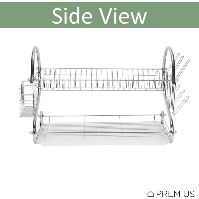 Shopbobbys Premius 2-Tier S-Shape Dish Rack With Drainage Tray And Cutlery Holder, Chrome, 22X9.75X15 Inches