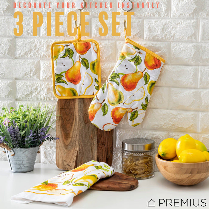 Shopbobbys Premius 3 Piece Printed Kitchen Linen Set, 1 Cotton Towel, 1 Pot Holder, 1 Oven Mitt