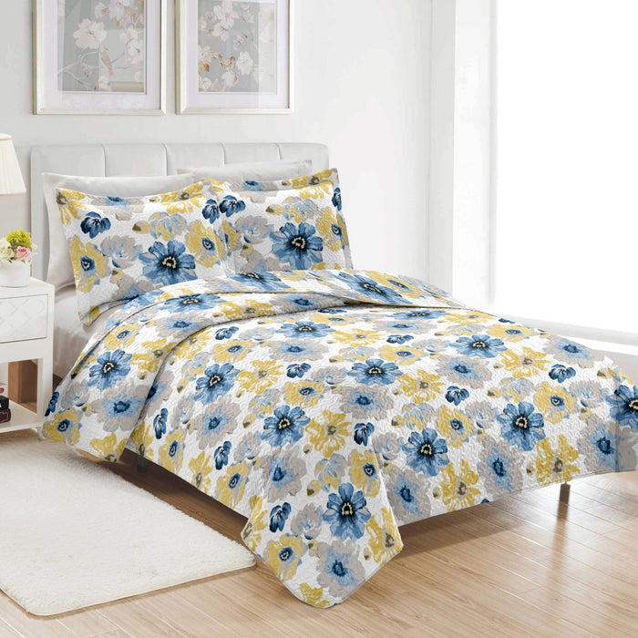 Shopbobbys Premius Eliana 3 Piece Microfiber Wrinkle-Free Quilt Set, Blue-Yellow