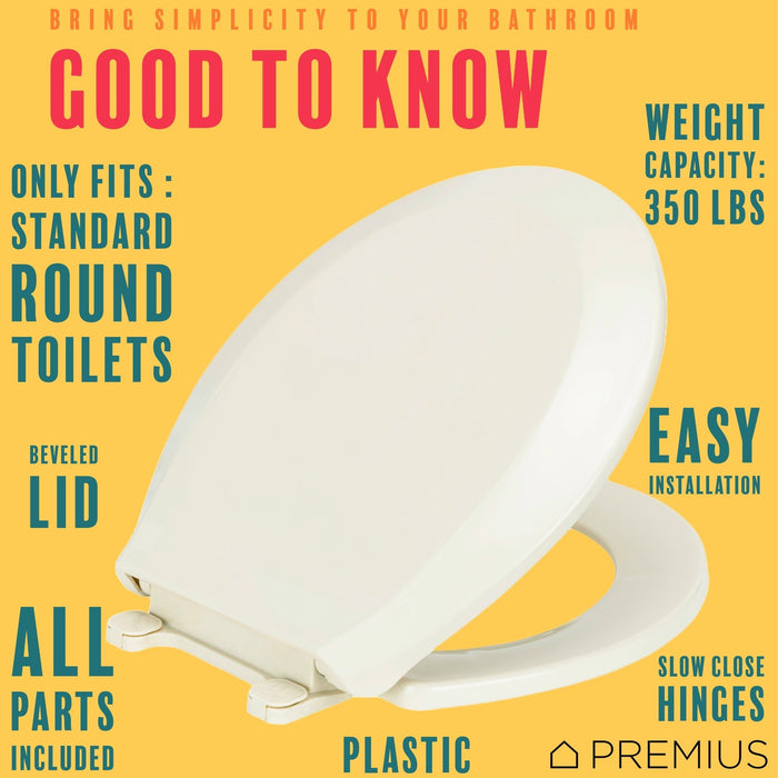 Shopbobbys Premius Slow Close Beveled Plastic Toilet Seat, Standard Round, 17 Inches