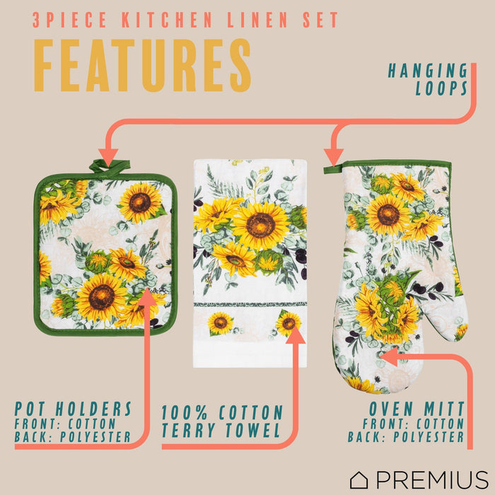 Shopbobbys Premius 3 Piece Printed Kitchen Linen Set, 1 Cotton Towel, 1 Pot Holder, 1 Oven Mitt