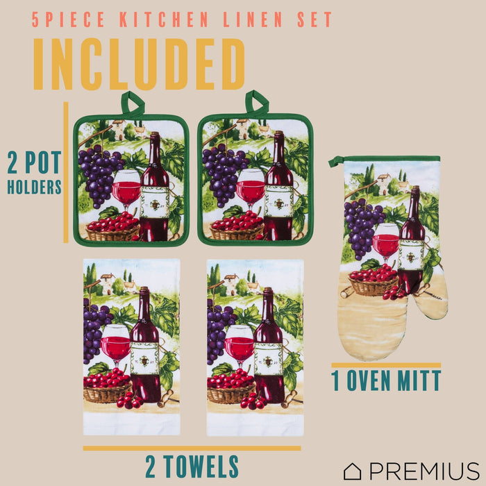 Shopbobbys Premius 5 Piece Printed Kitchen Linen Set, 2 Cotton Towels, 2 Pot Holders, 1 Oven Mitt