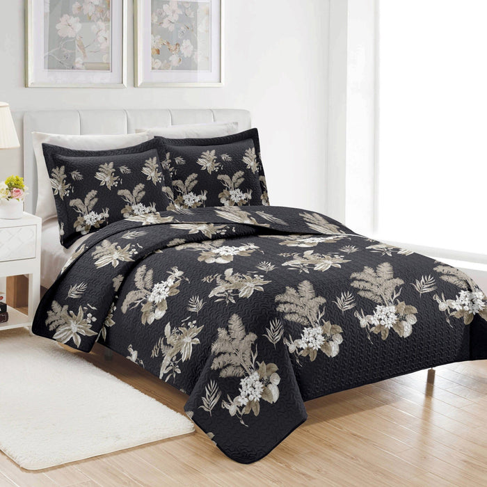 Shopbobbys Premius Mia 3 Piece Microfiber Wrinkle-Free Quilt Set, Black-Taupe