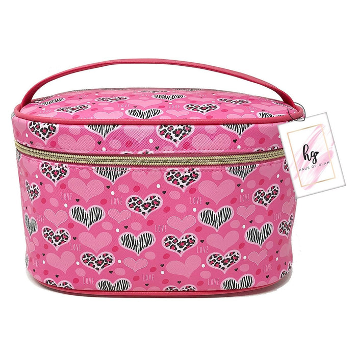 Shopbobbys Premius Cosmetic Bag With Top Handle & Gold Metal Zipper, Cheetah Heart Print, 10X7X6 Inches