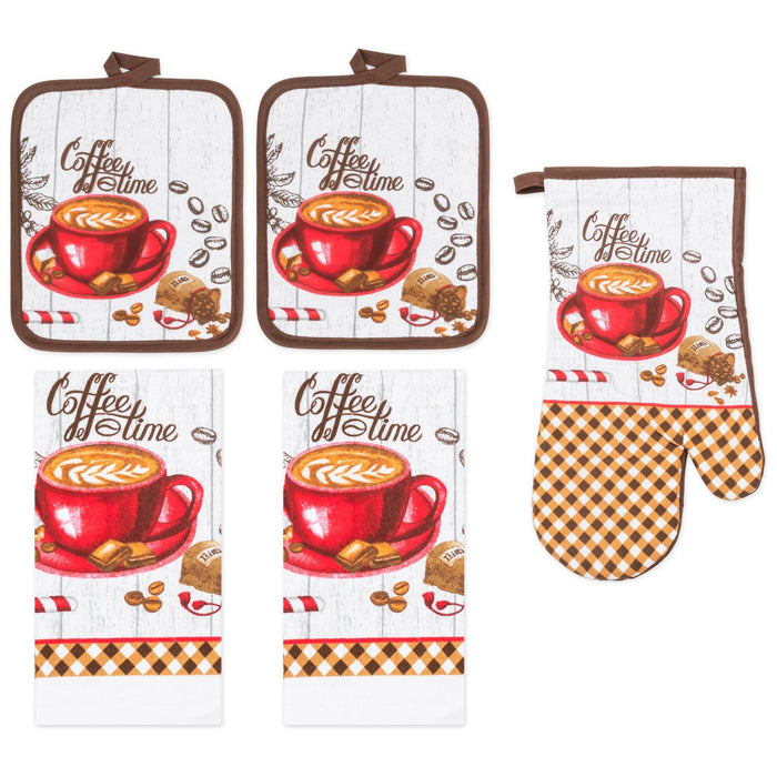 Shopbobbys Premius 5 Piece Printed Kitchen Linen Set, 2 Cotton Towels, 2 Pot Holders, 1 Oven Mitt