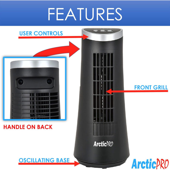 Shopbobbys Arctic-Pro Desktop Oscillating Slim Mini Tower Fan, Black, 12 Inches