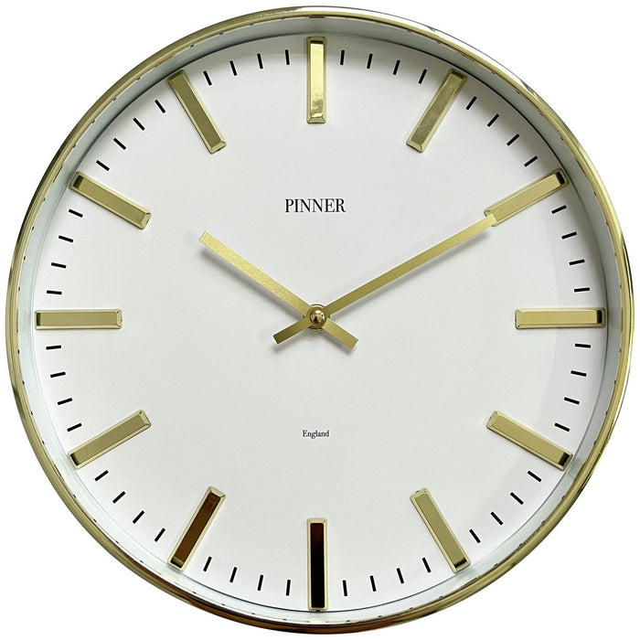 Shopbobbys Premius Round Glass Covered Modern Minimalist Clean Lines Wall Clock, Gold, 12 Inches