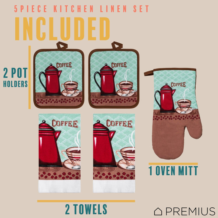 Shopbobbys Premius 5 Piece Printed Kitchen Linen Set, 2 Cotton Towels, 2 Pot Holders, 1 Oven Mitt