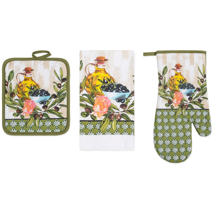 Shopbobbys Premius 3 Piece Printed Kitchen Linen Set, 1 Cotton Towel, 1 Pot Holder, 1 Oven Mitt