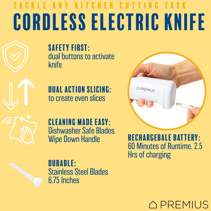 Shopbobbys Premius Professional Rechargeable Cordless Electric Knife, 1 Serrated Blade, White